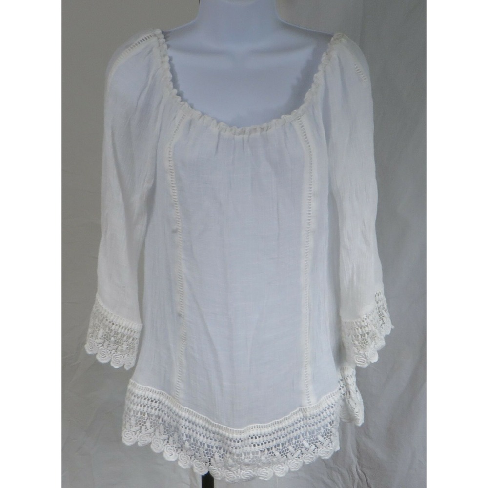Womens AGB Boho Crochet Lace Gauze Pullover Top White Shirt Size Large